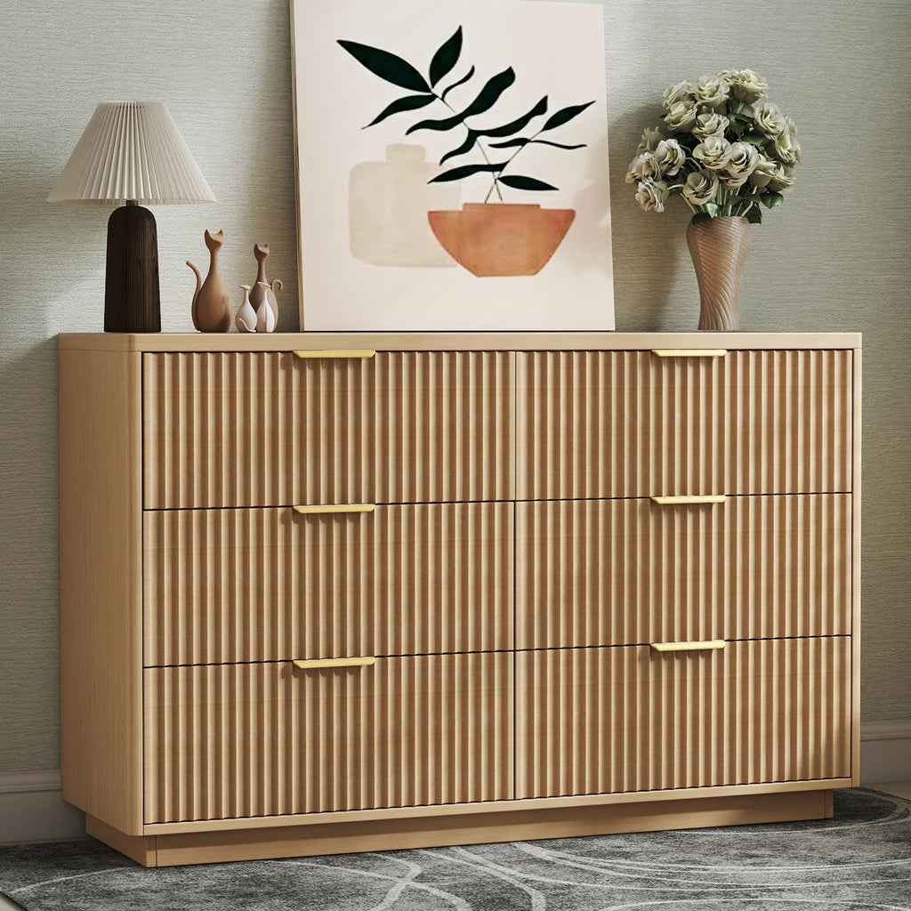 Fluted 6 Drawer Dresser, 47" W Modern Chest of Drawers with Metal Handles, Wood Dresser TV Stand, Closet Dresser