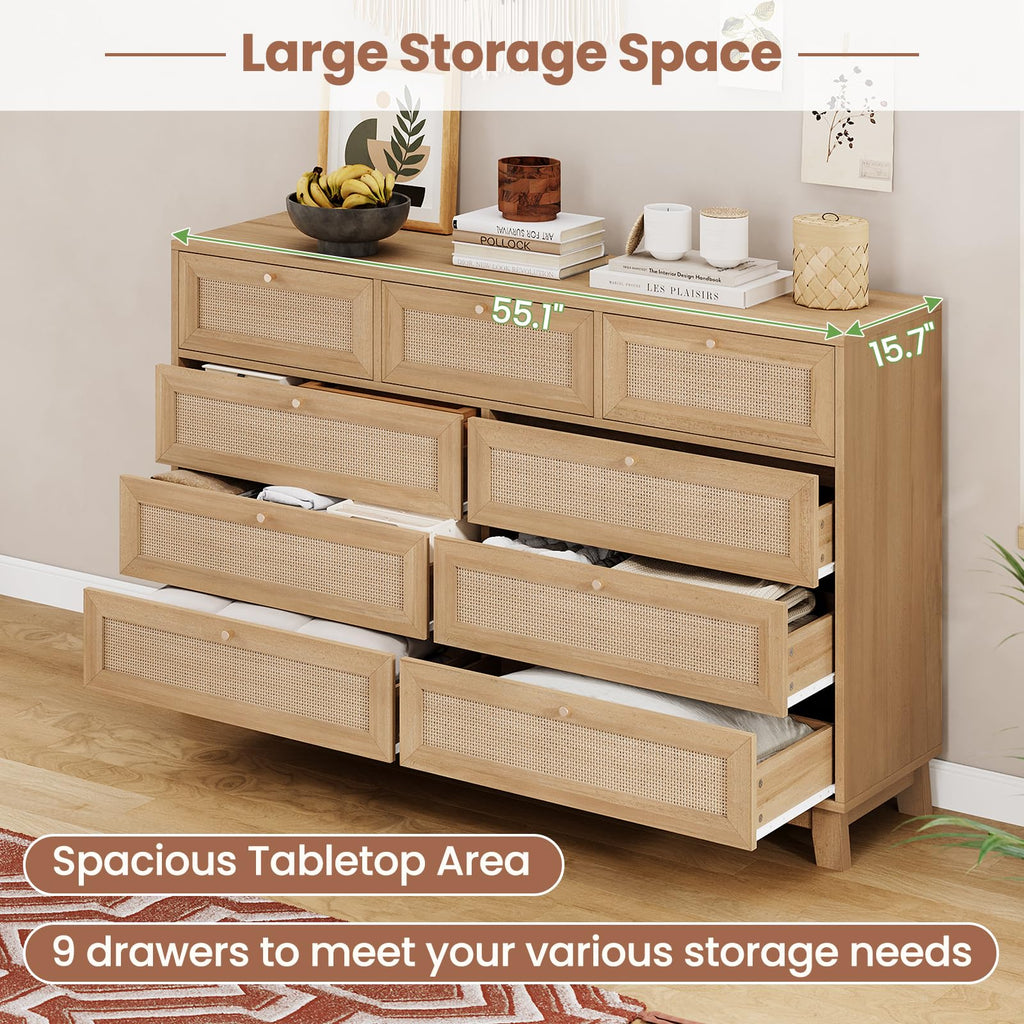 Rattan, 9 Drawer with Natural Rattan Drawers, Wooden Tall Cabinet with Gold Handles, Modern Closet Storage Chest of