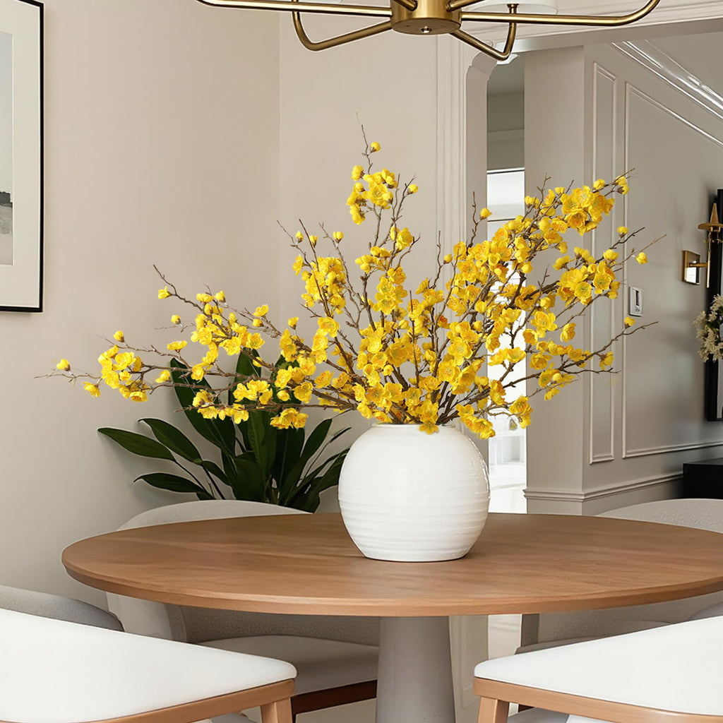 6 PCS Artificial Cherry Blossom Branches Spring Indoor Decoration, Faux Yellow Silk 34.45" Long Stems Real Touch Plum