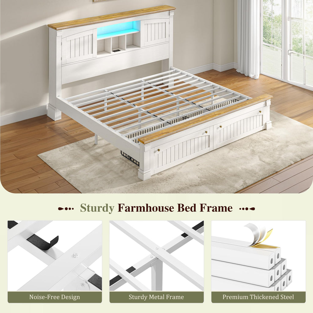Farmhouse Bed Frame with Storage Headboard & Charging Station