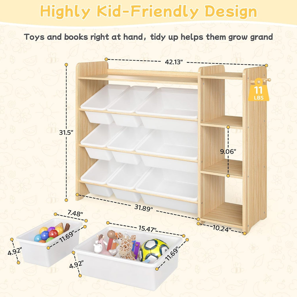 Kids Toy Storage Organizer, Wooden Shelf with 3 Tiers and 9 Storage Bins, Nursery Room Organizer for Books and Toys