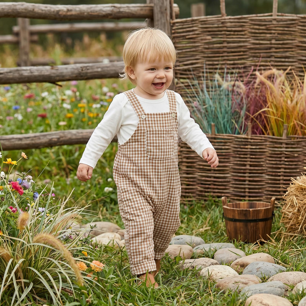 Newborn Infant Baby Boy Fall Clothes Long Sleeve Romper Top Gingham Plaid Overall Pants Hat 3Pcs Fall Outfits Set