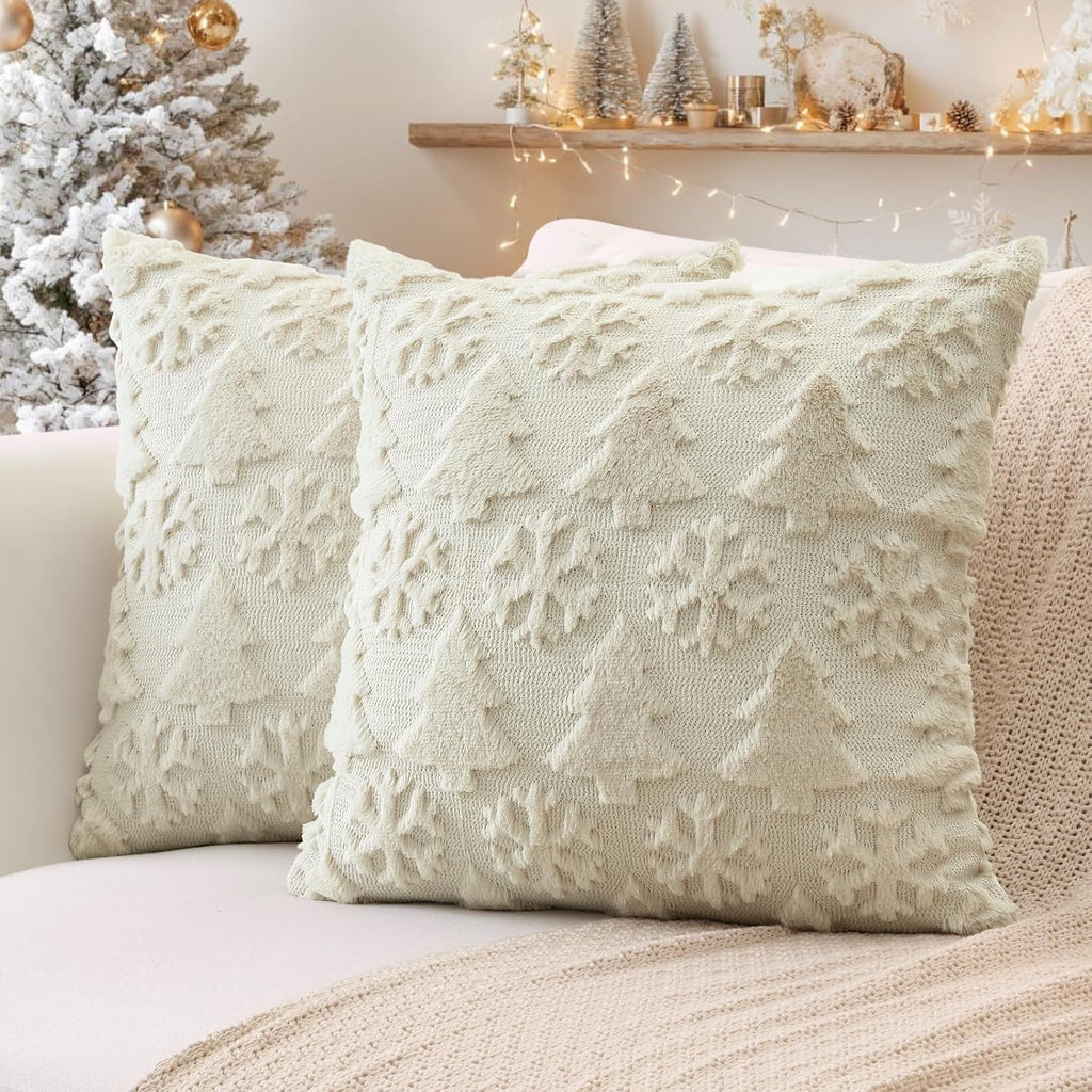 Christmas Throw Pillow Covers 20x20 Inch, Soft Plush Faux Fur Christmas Tree Snowflake Winter Holiday Xmas - Set of 2