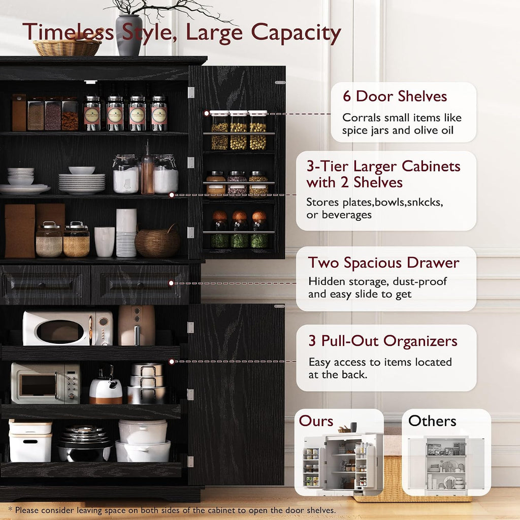 Farmhouse Pantry Cabinet with Drawers and Door Shelves, Black | Farmhouse Pantry Cabinet, Tall Storage Cabinet With