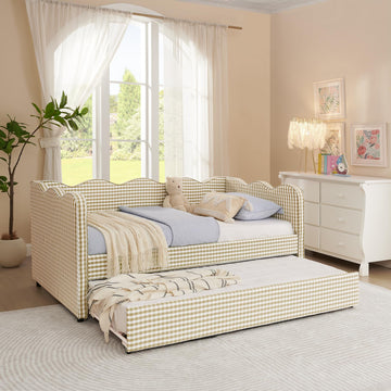 Twin to King Size Daybed with Trundle, Plaid Linen Upholstered Day Bed Frame with USB Charging Port and Wave