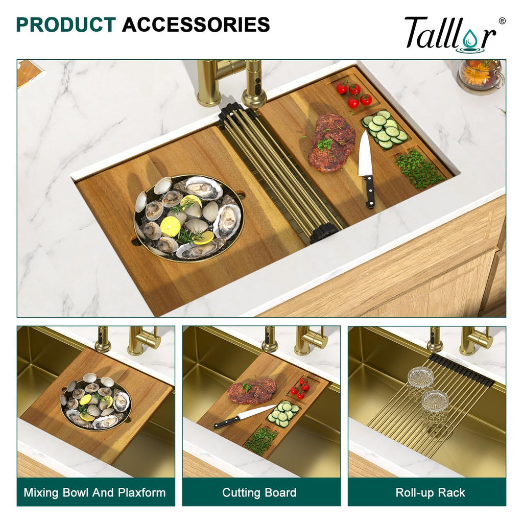 32"x19" Gold Undermount Kitchen Sink, Workstation All-In One Gold 16 Gauge Stainless Steel Under Counter Single