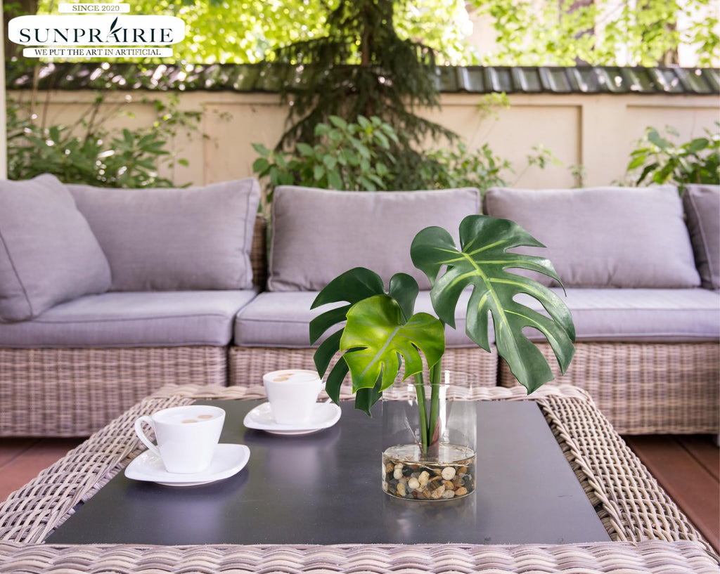 Realistic Artificial Plant in Clear Pot with Artificial Water, Broad Monstera Leaves. Faux Plants Indoor and Outdoor.
