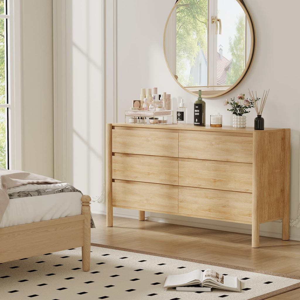 47.2" Wide Oak 6 Drawer Dresser with Solid Wood Legs
