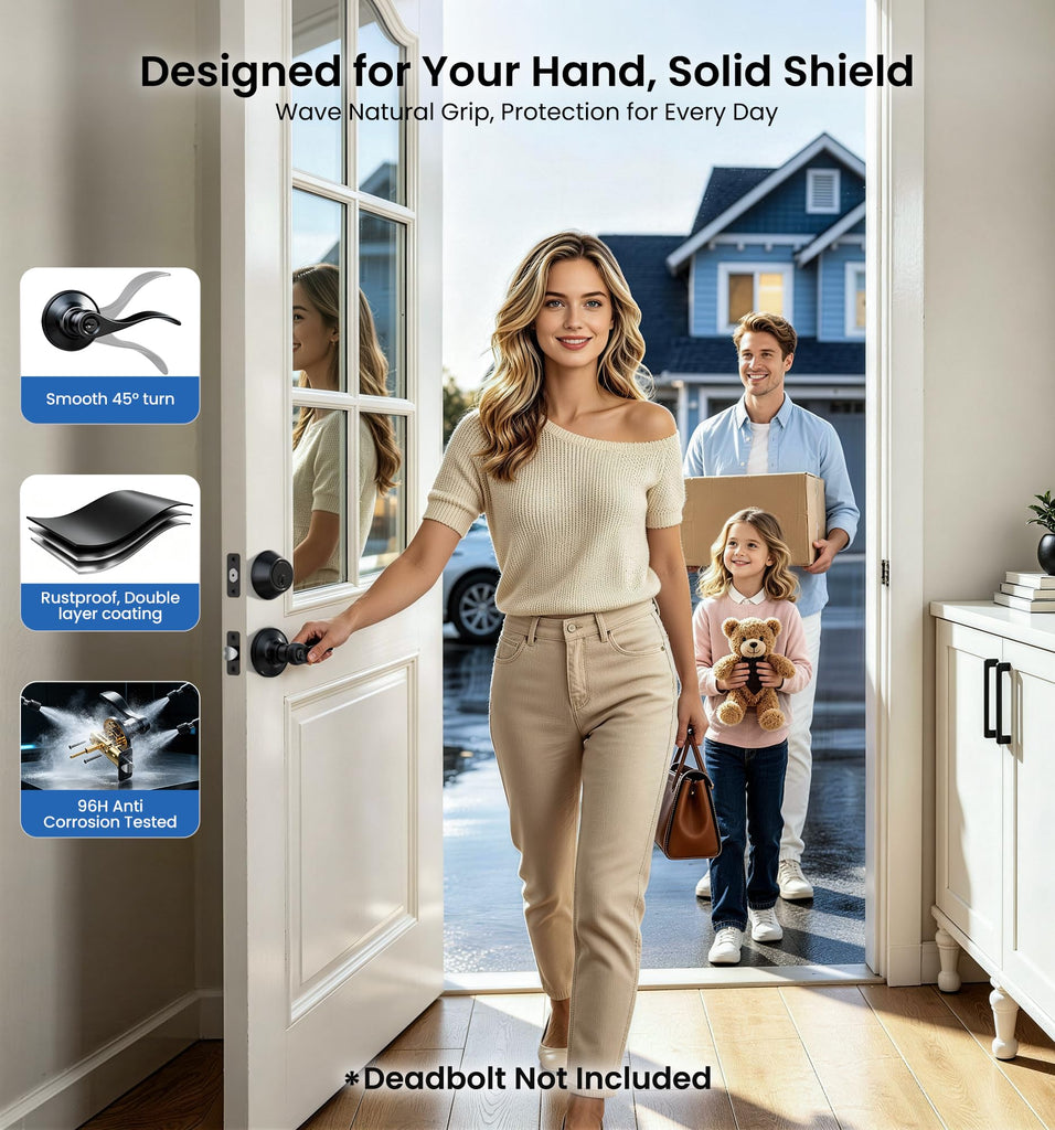 Keyed Entry Door Handle with Lock, Wave Door Levers, Matte Black
