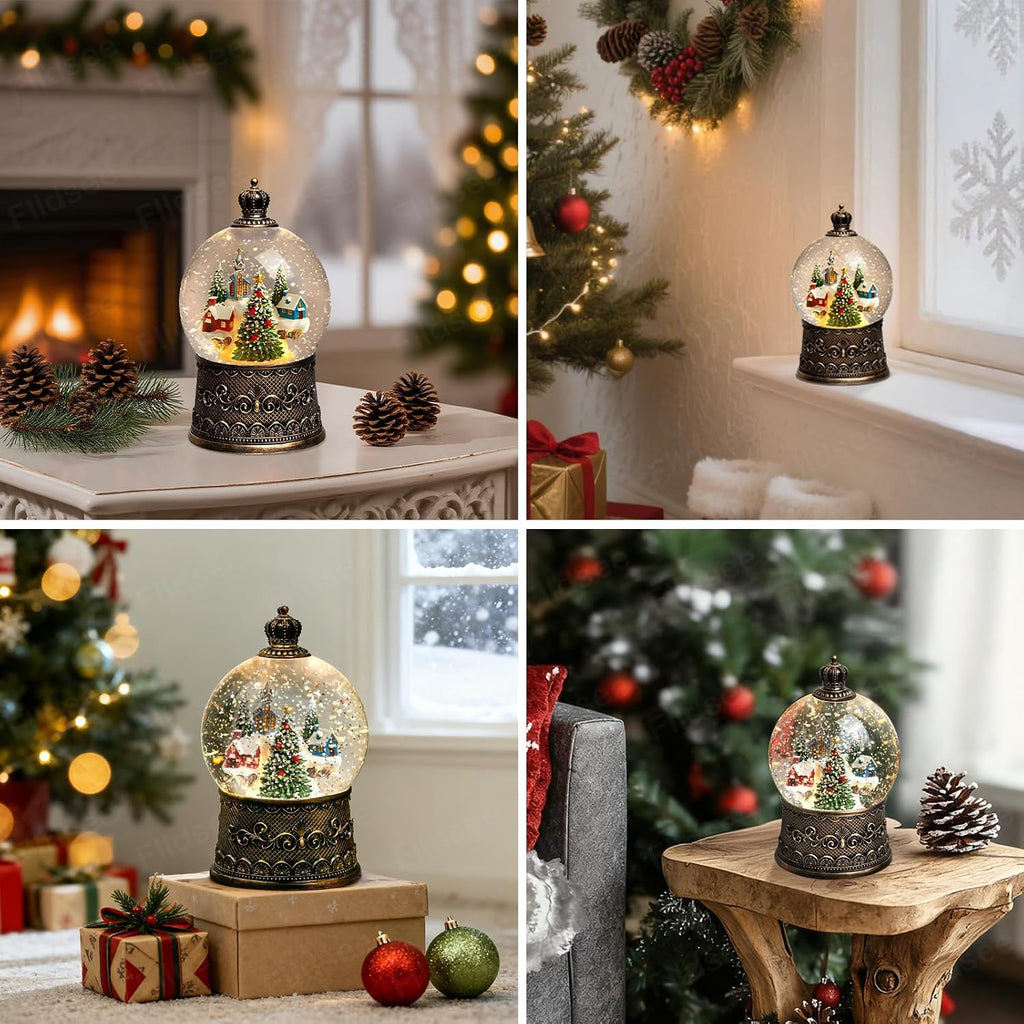 Christmas Snow Globe Lantern, Glitter Musical Snowglobe Light with Timer, USB & Battery Powered Music Box, Village