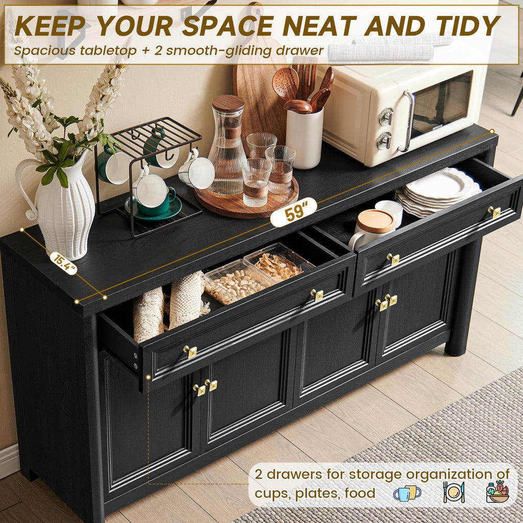 Credenza Storage Cabinet with 4 Doors and 2 Drawers, 59" Large Sideboard Buffet Cabinet, 32.1'' Tall Wood Buffet