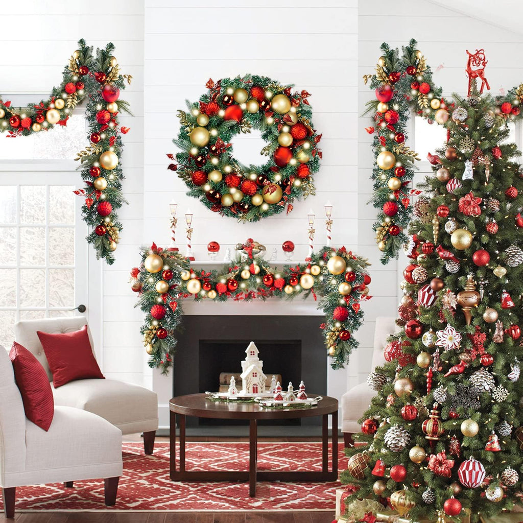 Pre-Lit with Lights 50 LED Red Gold Baubles