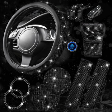 Bling Diamond Car Accessories for Women, Sparkly Rhinestone Steering Wheel Cover, Bling Seat Belt Cushion - Set of 11
