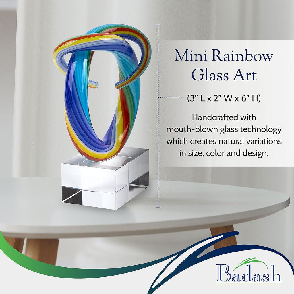 Mini Rainbow Murano-Style Glass Sculpture - 6" Tall Mouth-Blown Art on Crystal Base - Contemporary Home Decor Accent