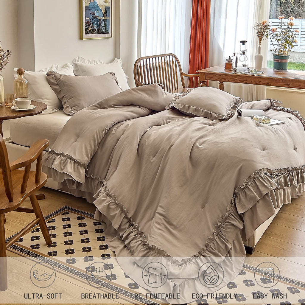 Taupe Comforters Set, Vintage Boho Chic Farmhouse Bedding Sets Shabby Ruffle Bed Comforter Bedding