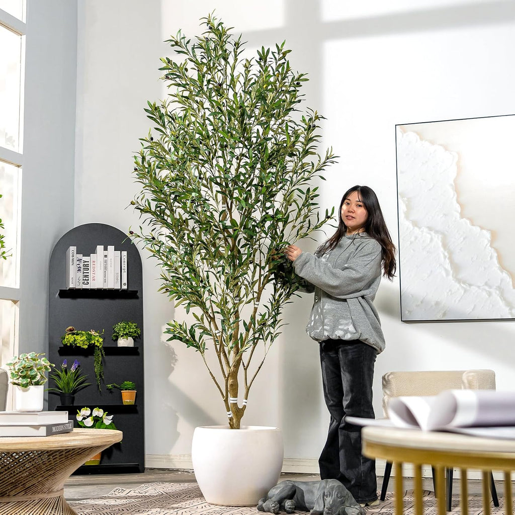 8ft Faux Olive Tree with White Pot & Moss, Artificial Olive Tree Indoor Outdoor, PE/PVC Leaves, Realistic Resin Trunk