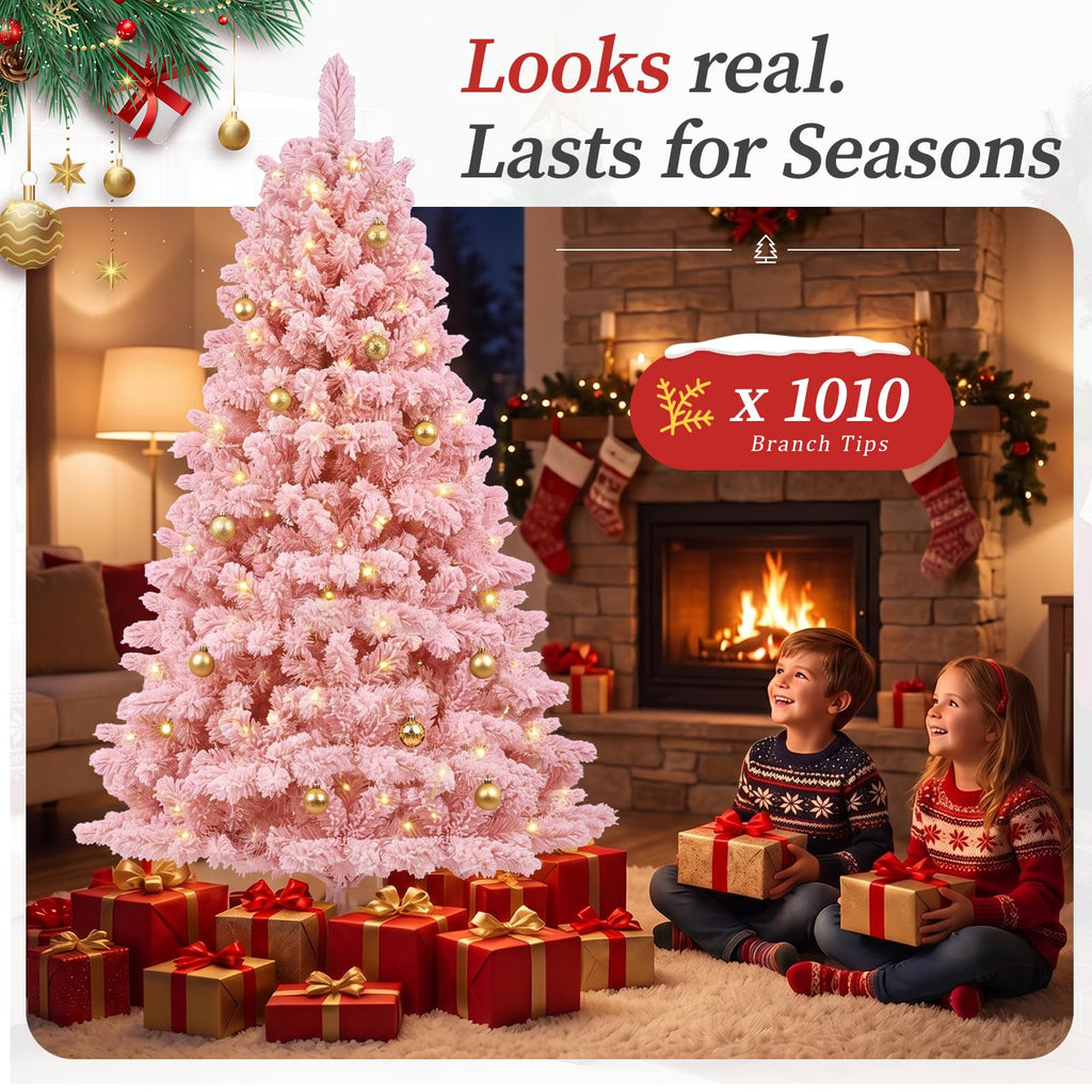 6ft Artificial Christmas Tree Unlit Pine Xmas Tree, Flocked Pink