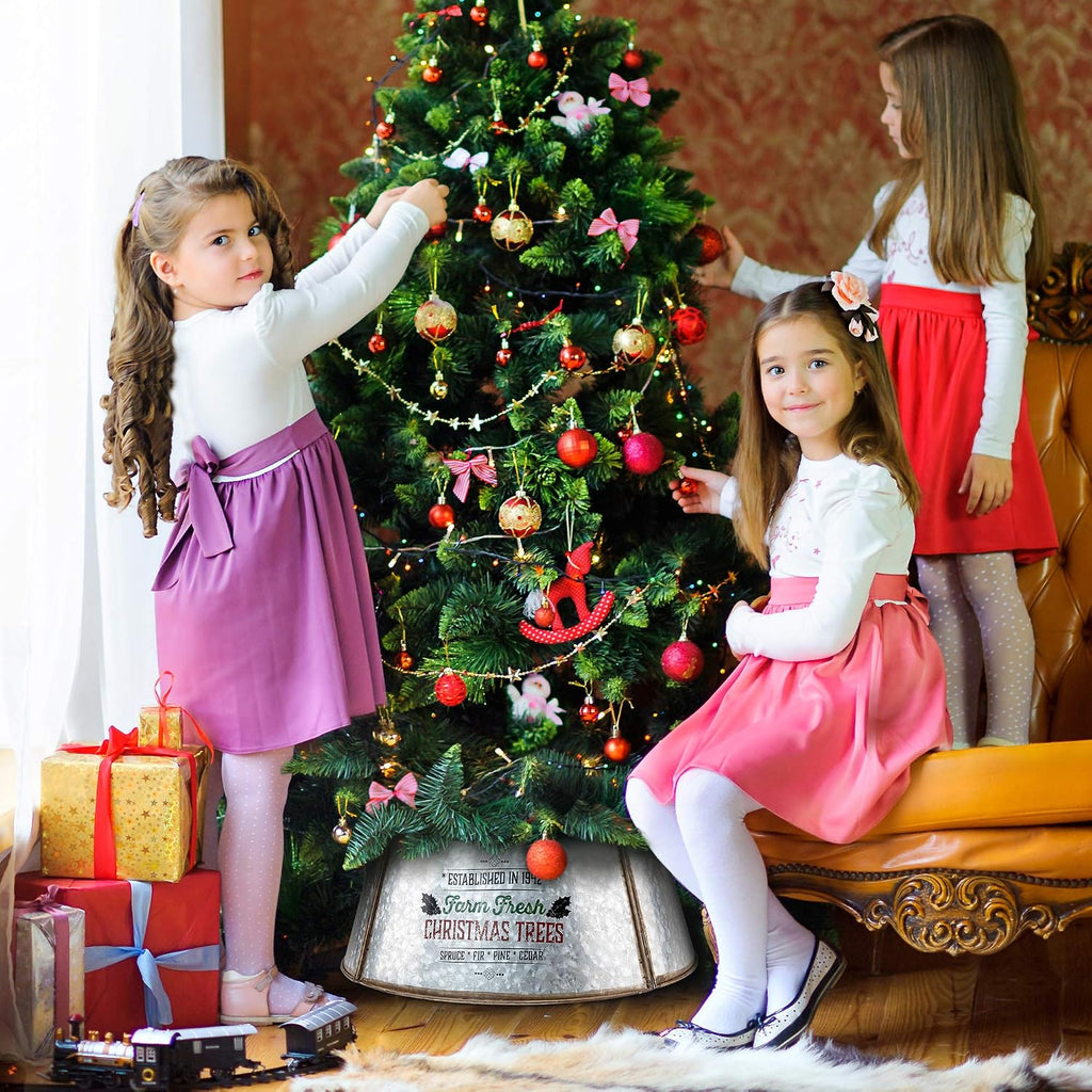 Galvanized Christmas Tree Collar 23 Inch - Farmhouse "Farm Fresh Christmas Trees" Metal Tree Ring for Smaller and Pencil Trees