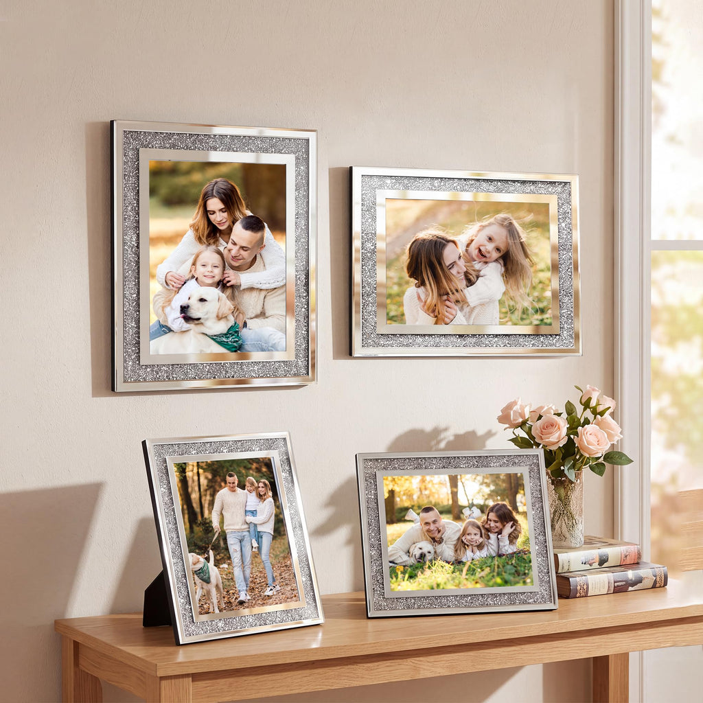 8x10 Picture Frame Glass Crushed Diamond Sparkle Photo Frames 2 Pack, Crystal Silver Mirror Frame Decor, Wedding Gift