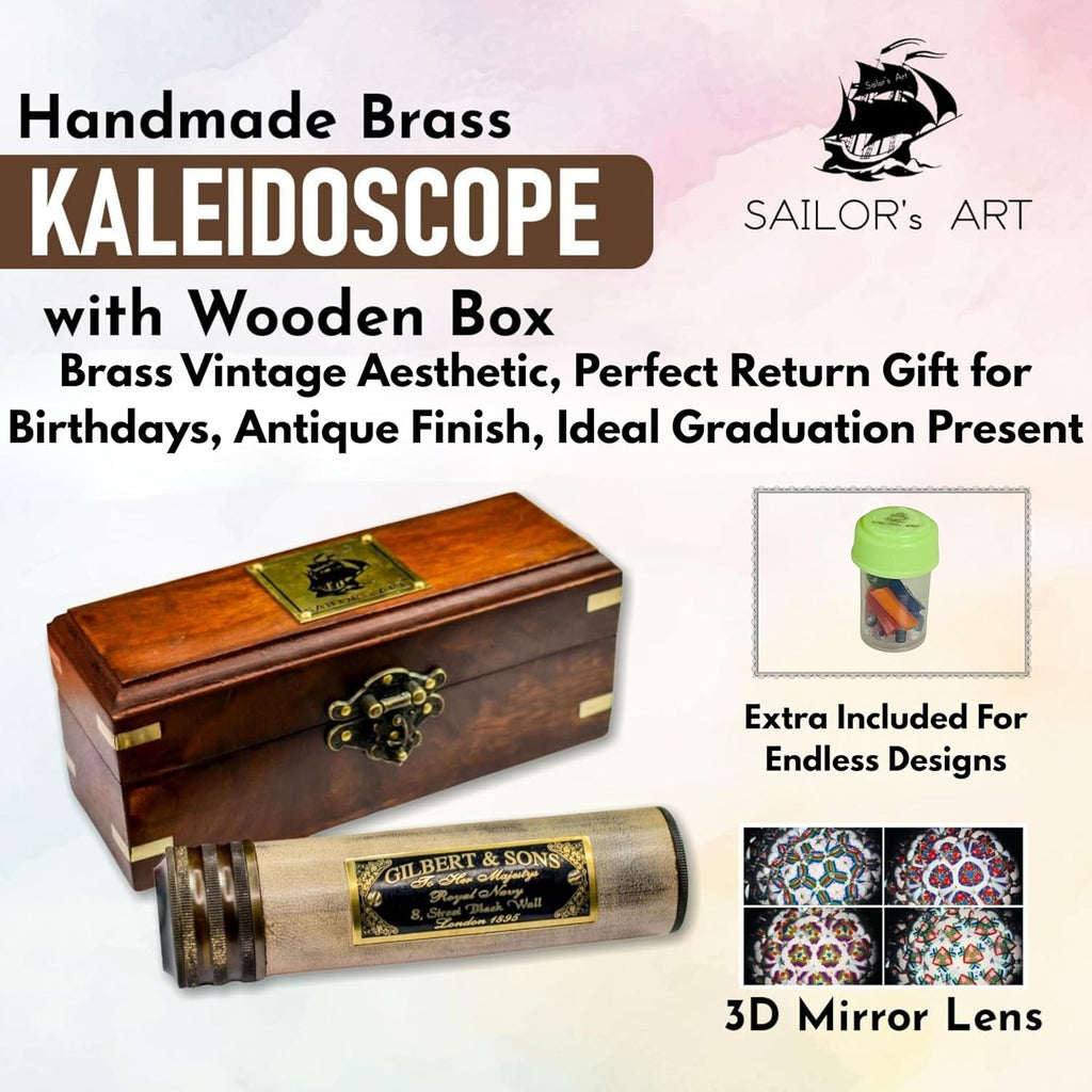 Handmade Kaleidoscope with Wooden Box, Educational Vintage Collection, Antique Birthday Gift Décor Solid Brass 5.5