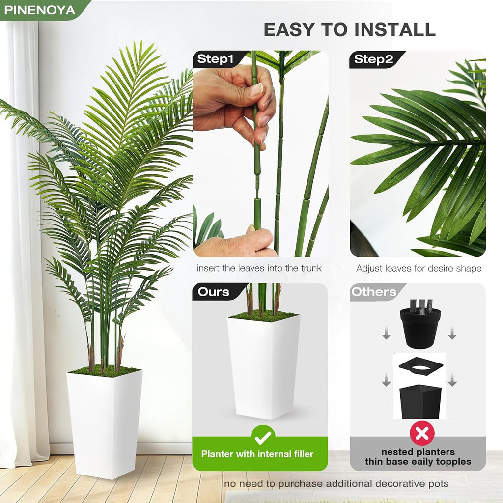 Artificial Palm Tree 6FT - Fake Tree with White Tall Planter - Faux Tropical Areca Floor Plant in Pot - Artificial