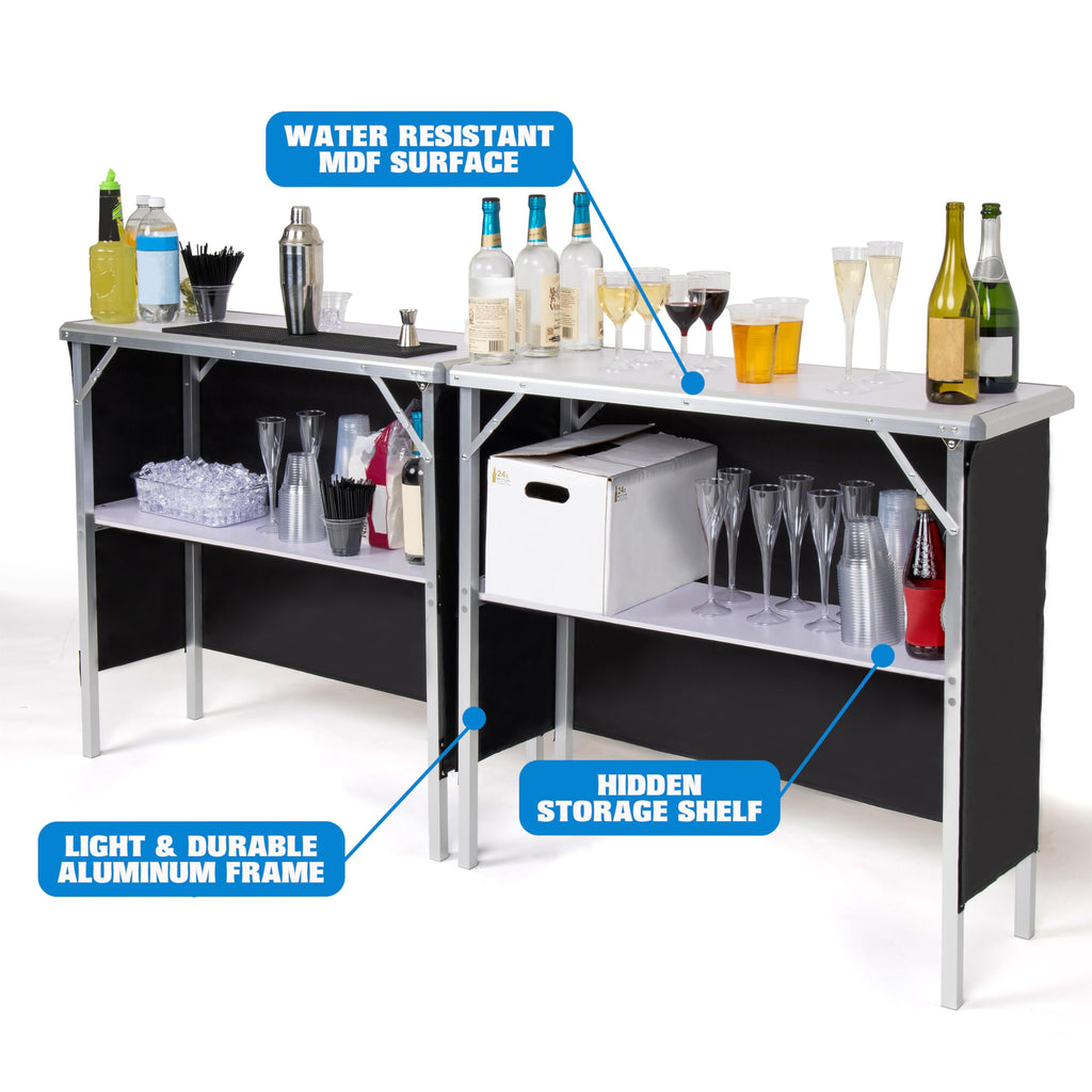 Portable Double Bar Table Set - Mobile Bartender Station for Events - Includes Carrying Case - Standard or LED