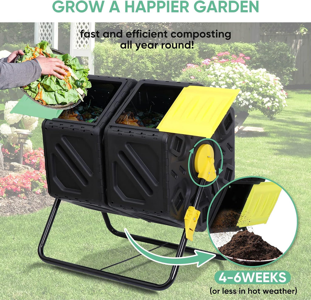 Dual Chamber Composting Tumbler Bin, Tumbling Composter with 2 Sliding Doors for All Season Outdoor, Gardens, Yard