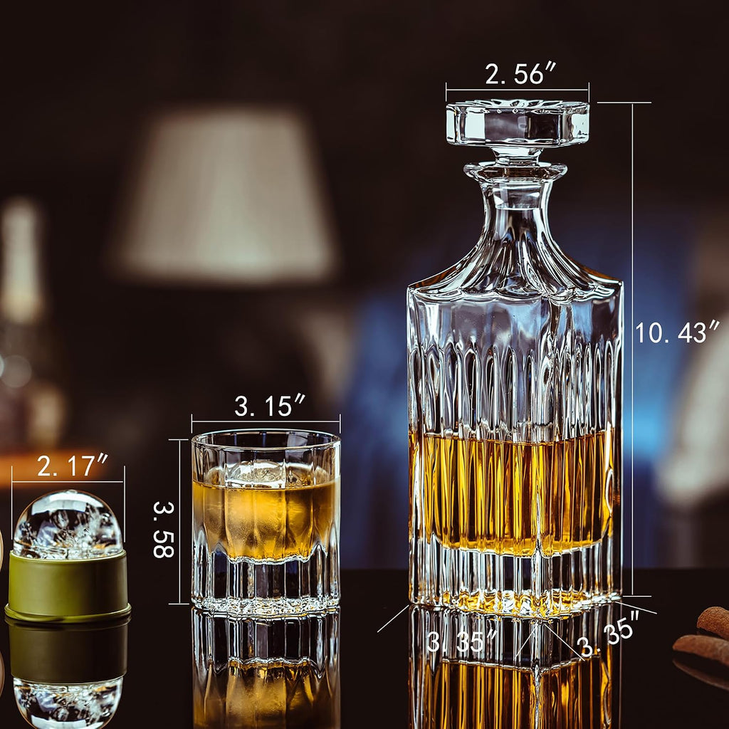 13-Piece Whiskey Decanter Gift Set for Men, 27oz Lead-Free Liquor Decanter with 6 x 7.5oz Heavy Base Glasses & 6 Ice - Set of 13