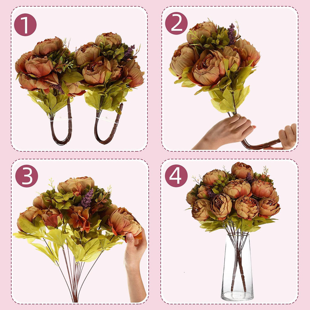 Bunches Artificial Silk Peony Vintage Flower Bouquet for Party Home Table Centerpieces Wedding Decoration (Coffee) - Set of 2