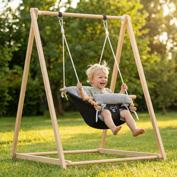 Wooden Baby Swing Set, Montessori Baby Lounger with Foldable Stand, Toddler Swing for Indoor/Outdoor, Children Swing
