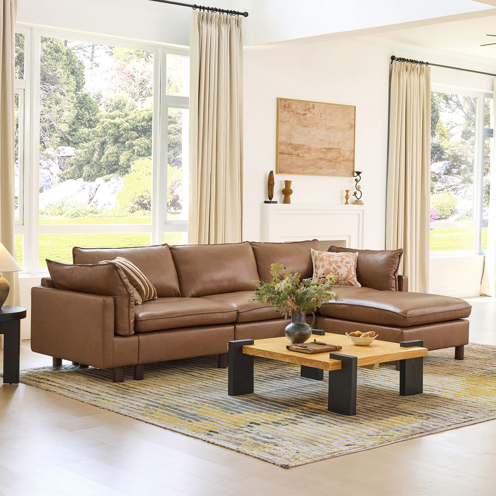 127" Genuine Leather Sofa, Large Sectional Couches, 3 Seater, Saddle