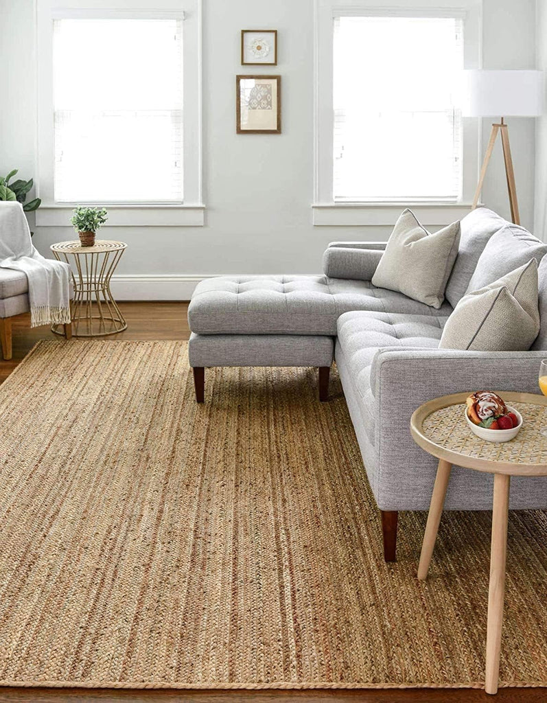 Handwoven Jute Area Rug - 8x10 Feet Natural Yarn - Rustic Vintage Beige Braided Reversible Rectangular Rugs - Kitchen