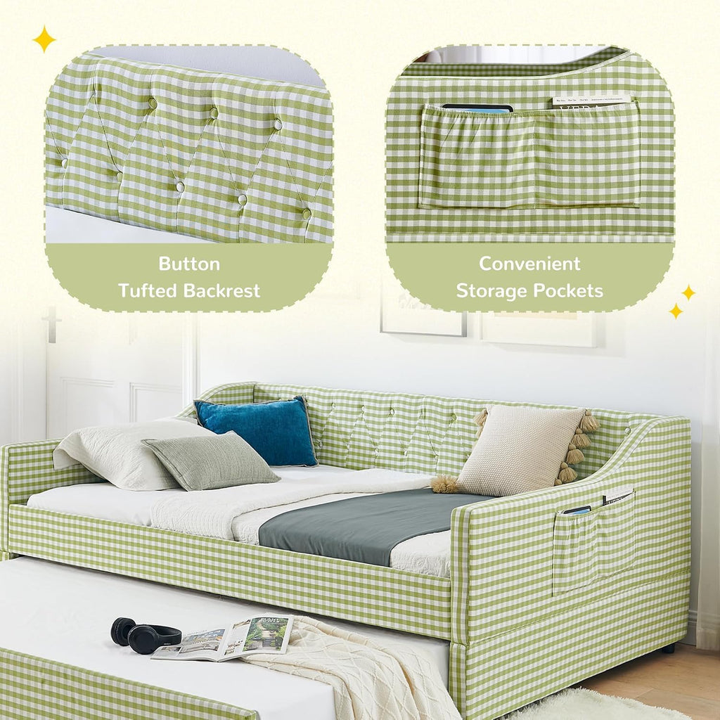 Full to King Daybed with Trundle, 3‐in‐1 Upholstered Full Size Daybed with Button Tufted Backrest, Extendable