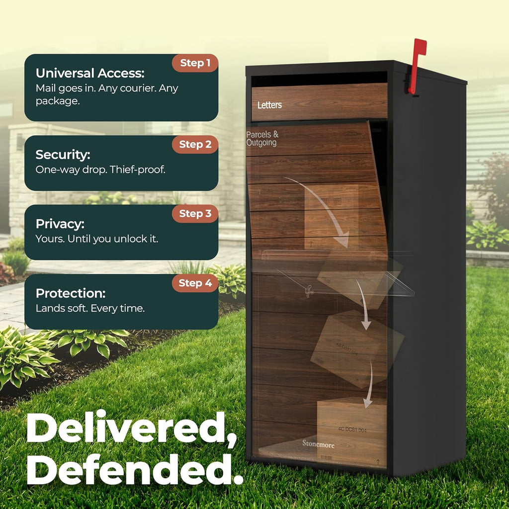 Cali USPS Compatible Mailbox, Classic Black/Oak Package Mailbox, Anti-Theft Locking Parcel Drop Box Or Curbside