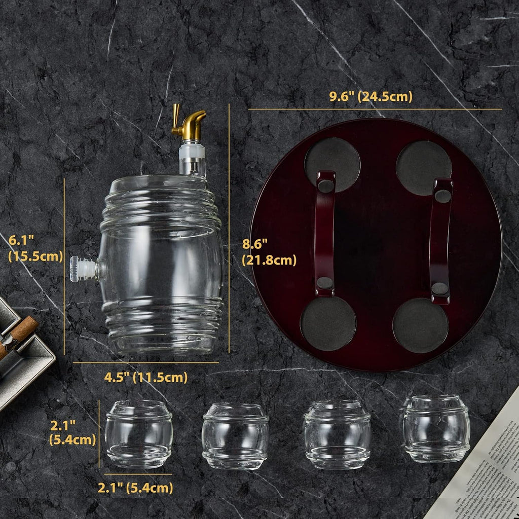 Whiskey Barrel Decanter Set Bar, Unique Birthday Gifts for Men Dad, 1.3 Liter Barrel Liquor Dispenser with 4 Glasses - Set of 7