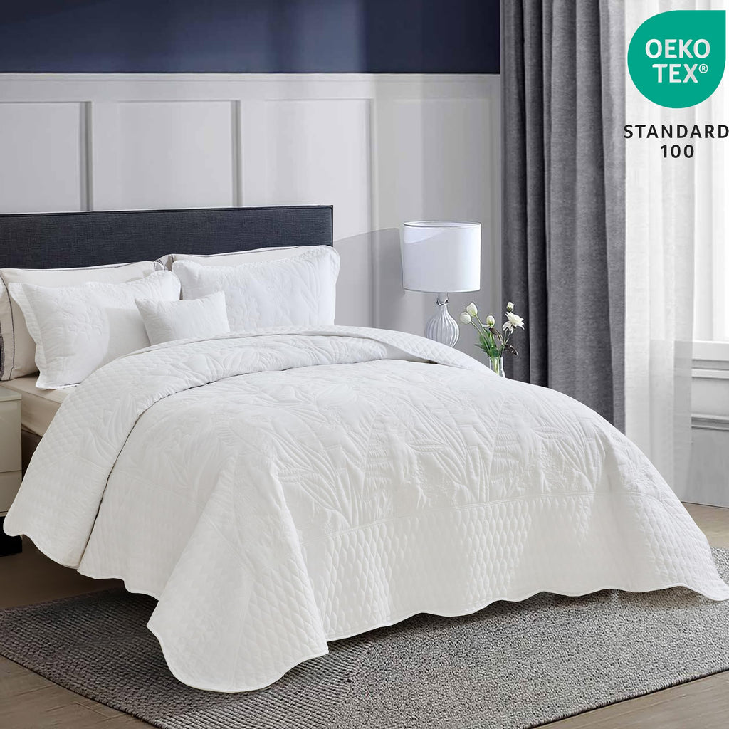 Bedspread oversized Queen 102x118, Beautiful Leaf Stitching, 5 PC, White