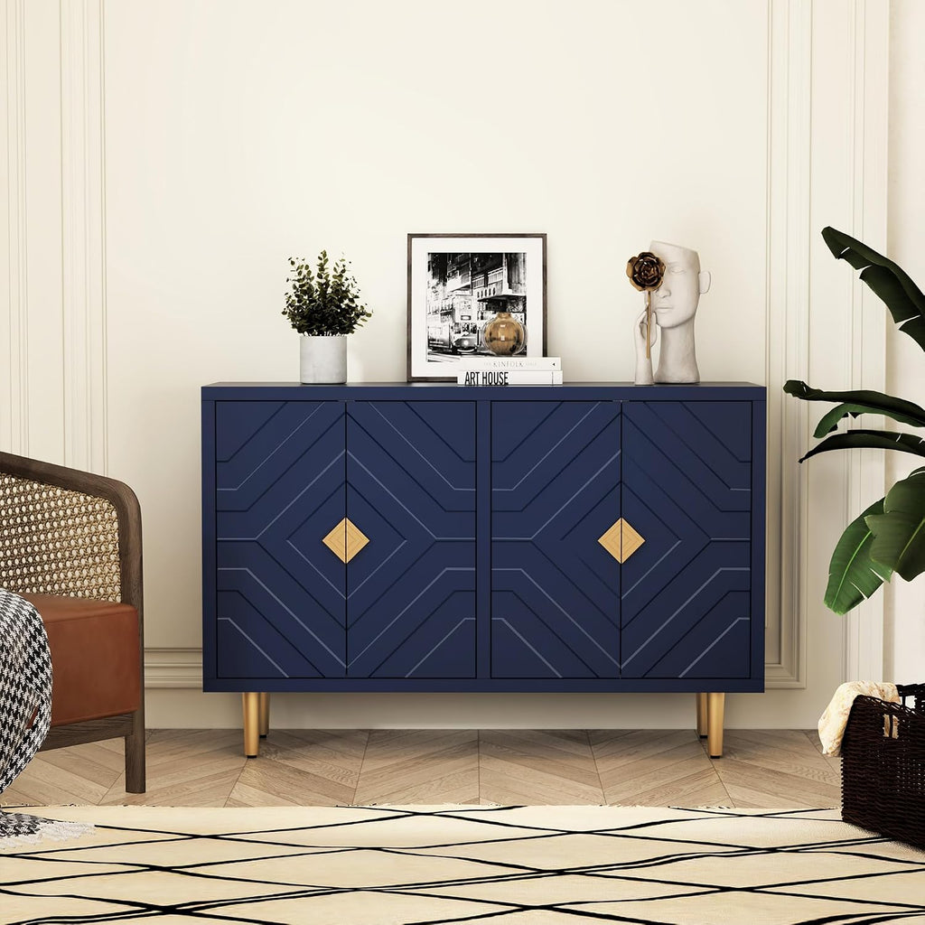 48'' Modern Sideboard Buffet Storage Cabinet with 4 Doors, Blue | Accent Storage Cabinet with Embossed Patterns