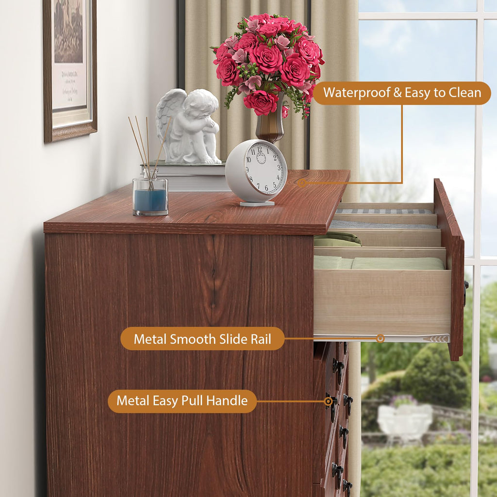With 10 Drawers, Large Chest of Drawers Storage Organizer, Long Storage TV Stand Cherry Wood