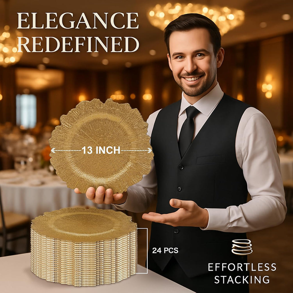 Gold Charger Plates, 13'' Reef Chargers for Dinner Plates, Gold Plate Chargers, Round Plastic - Set of 24