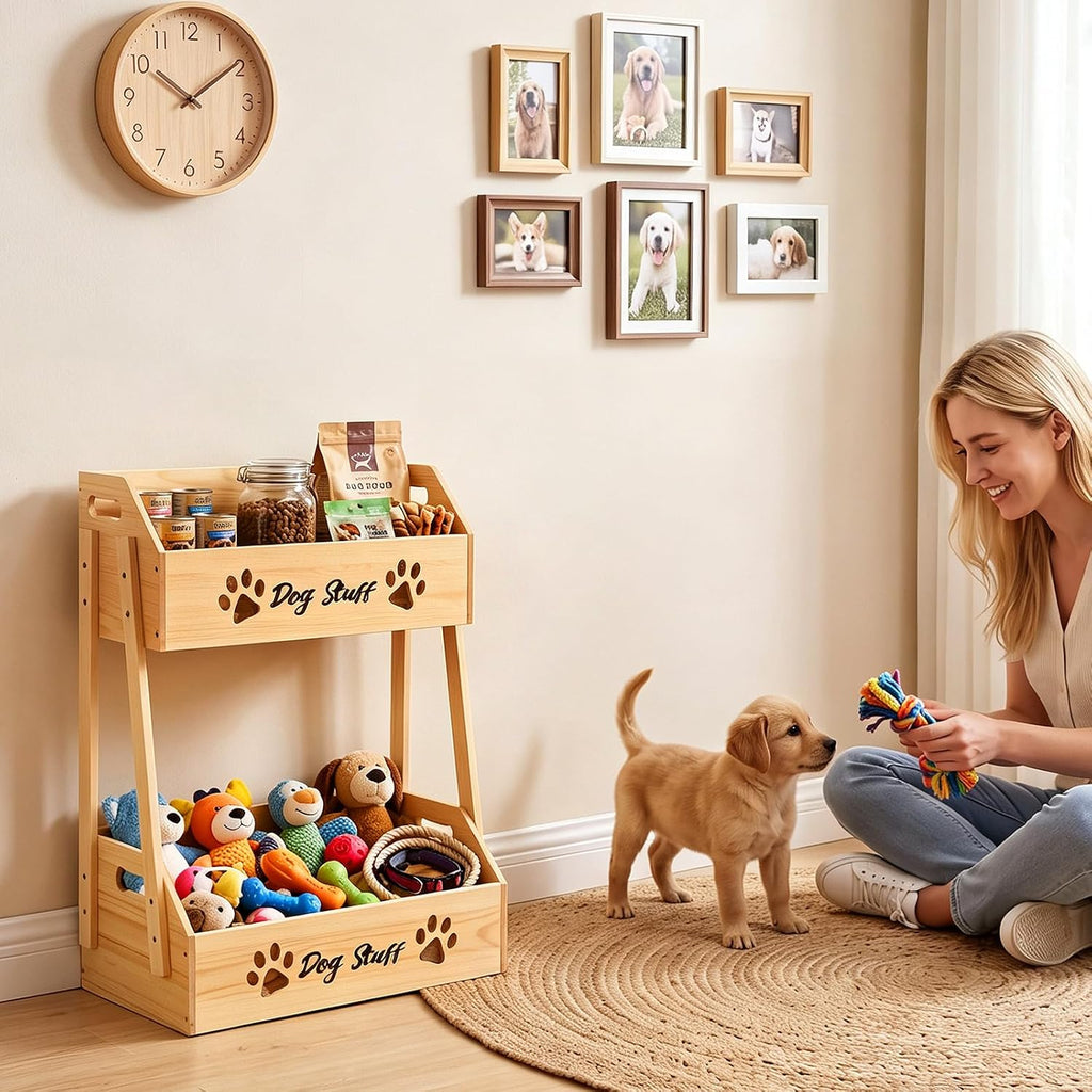 2 Tier Large Dog Toy Storage Bin Wood Toy Basket Box with Handle