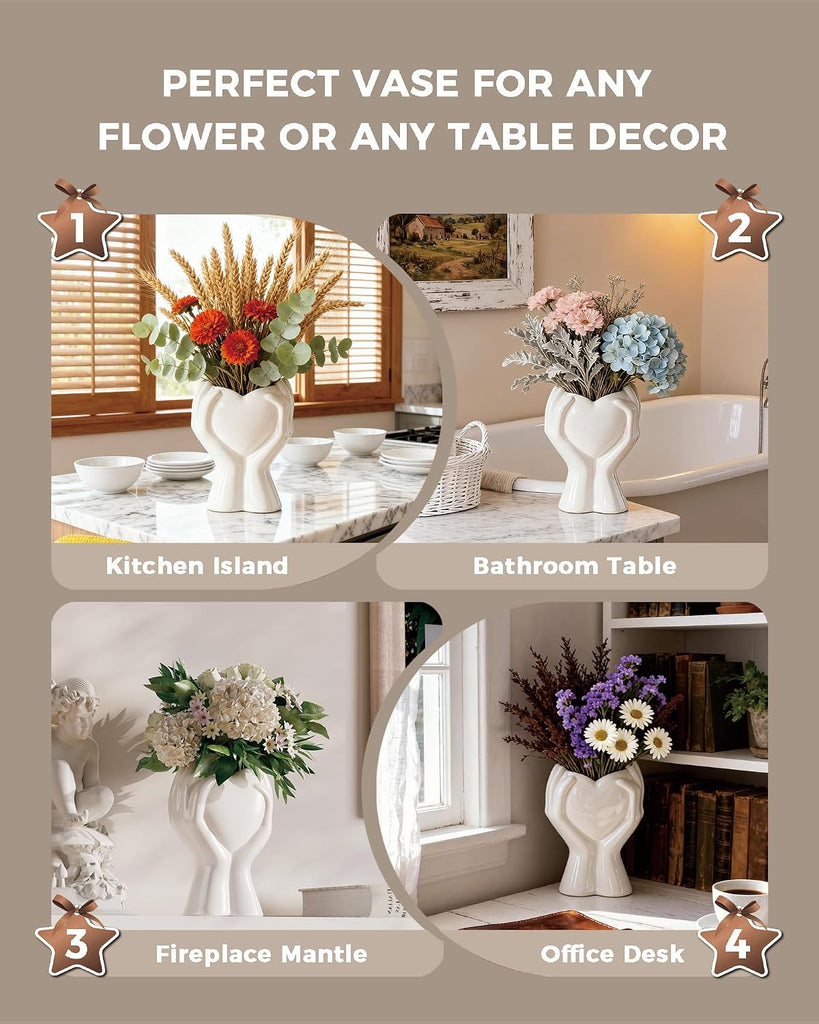 A Heart Held in Two Hands White Vases for Flowers - Cute Modern Small Ceramic Flower Vase for Pampas Grass