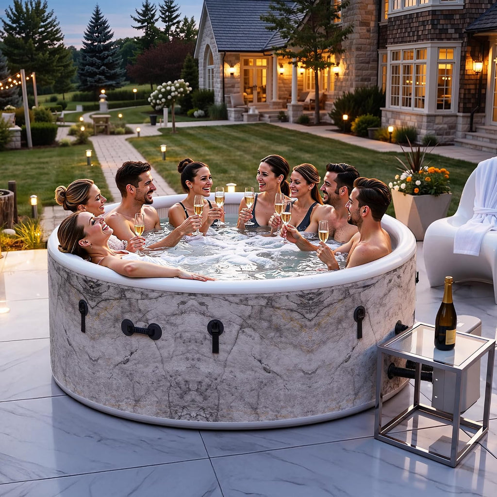 85" Premium Drop-Stitch Inflatable Hot Tub for 8 Person, Rigid Portable Outdoor Spa with 220 Massage Jets, Smart
