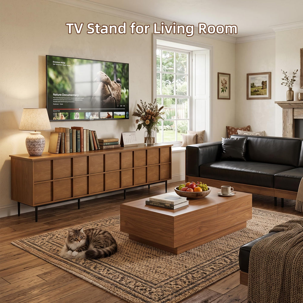 86" Modern Solid Wood Media Console, 6-Drawer Storage Sideboard