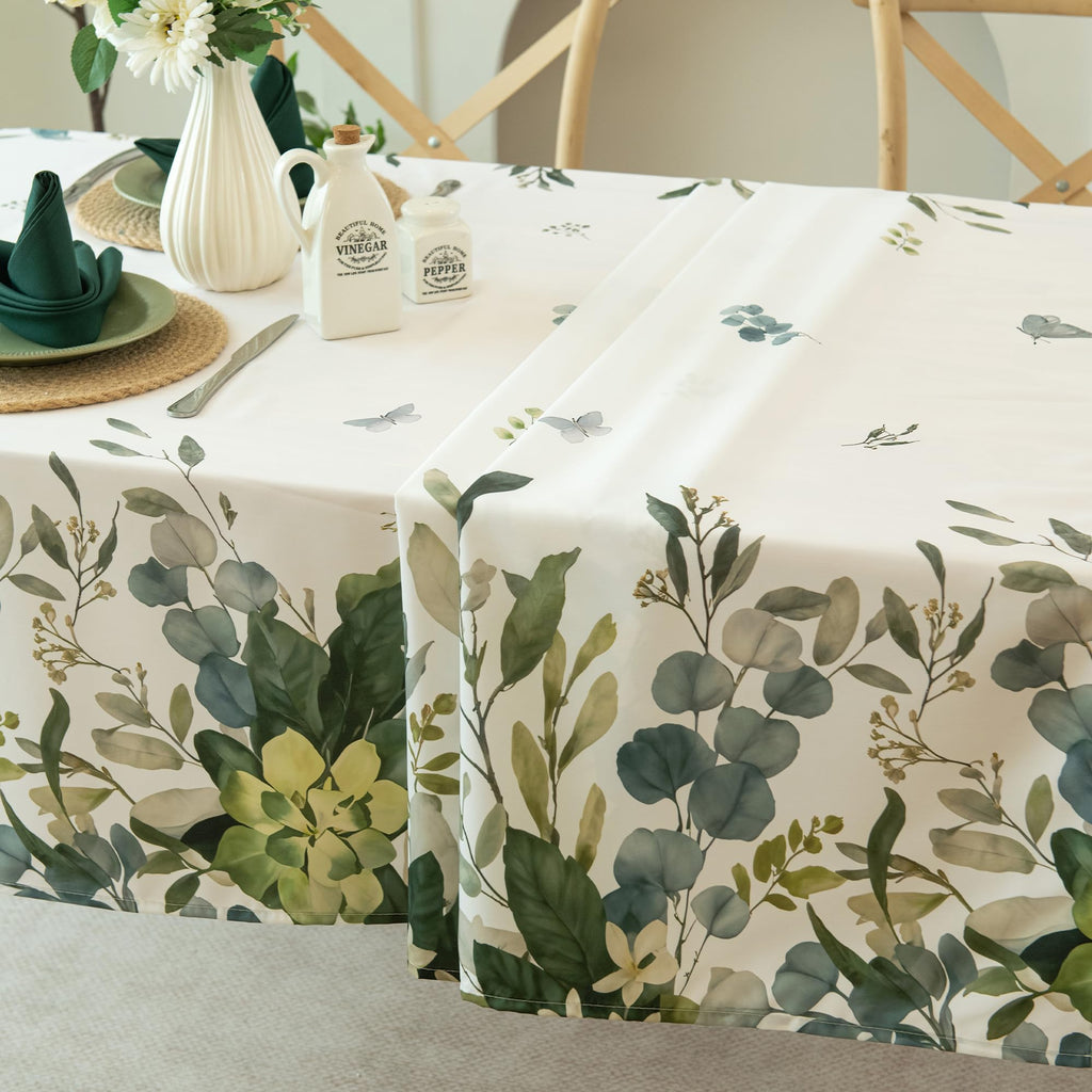 Summer Spring Tablecloth - Waterproof, Stain Resistant, Eucalyptus Floral Design for Dining, Kitchen, Outdoor