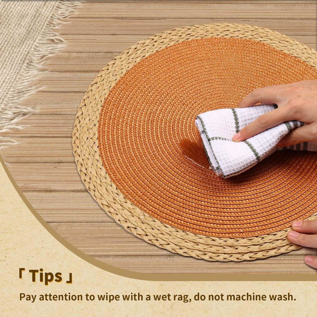 Round Placemats Set of 8, Woven Table Mats, Wide Edge, Orange