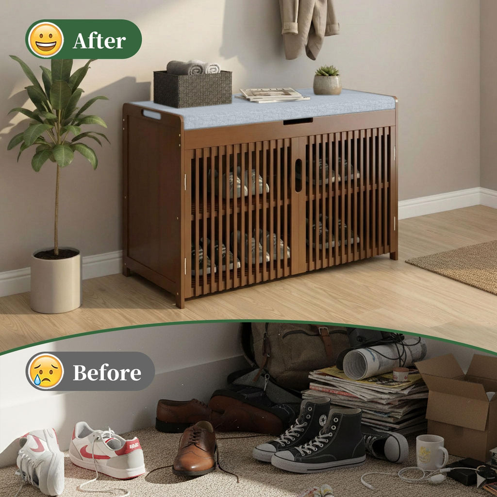 Shoe Storage Bench with Cushioned Seat 3-Tier Entryway Shoe Rack with Doors