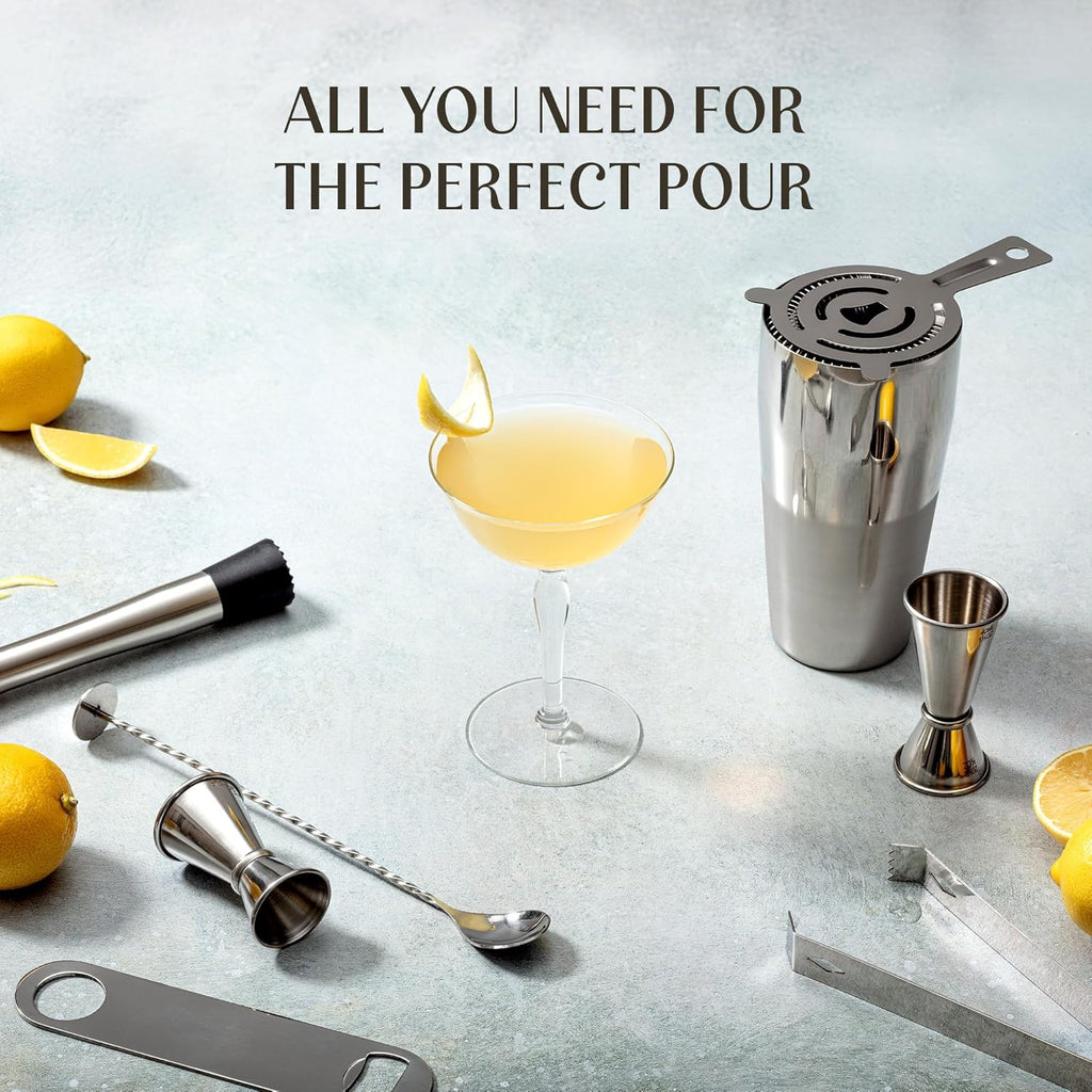 All-in-One Stainless Steel Cocktail Shaker Kit with 24 oz Cobbler Shaker, Includes Strainer, Muddler, Spoon, Jiggers