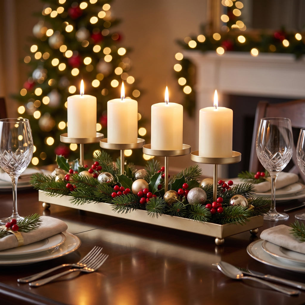 Gold Iron 4-Pillar Candelabra - Elegant Tabletop Candle Holder Centerpiece for Weddings, Dining, Parties & Home Decor