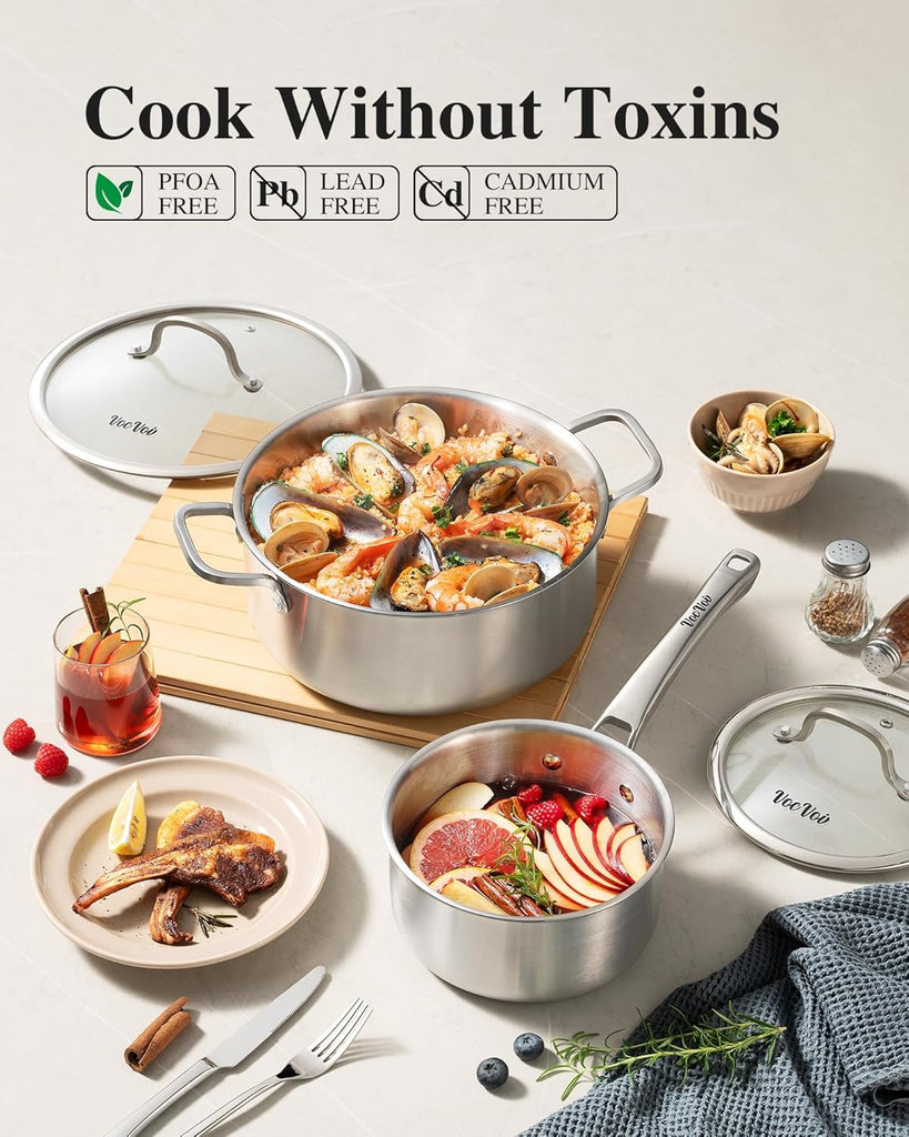 Stainless Steel Cookware Set,Tir-Ply Pots and Pans Set,10 Pcs Stainless Steel Induction Kitchen Cookware Sets,PFOA