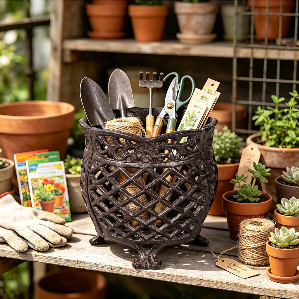 Vintage Cast Iron Urn Planter with Non-Woven Bag, Dark Brown